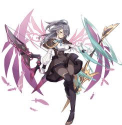 Rule 34 | 1girl, ahoge, ark order, artist request, black capelet, black footwear, black pantyhose, black skirt, boots, breasts, capelet, energy wings, falling feathers, feathers, gloves, gold trim, grey hair, high-waist skirt, large breasts, long hair, long sleeves, official art, pantyhose, puffy long sleeves, puffy sleeves, purple wings, rectangular eyewear, red-framed eyewear, shirt, skirt, solo, tachi-e, thigh boots, thighhighs, transparent background, vedrfolnir (ark order), weapon, white gloves, white shirt, wings, yellow eyes