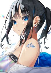 Rule 34 | 1girl, absurdres, bare shoulders, black hair, blue eyes, blue theme, cross, cross earrings, ear piercing, earrings, heart, heart-shaped pupils, highres, iridescent, jewelry, long hair, looking at viewer, mashiro kta, original, parted lips, piercing, ponytail, simple background, solo, symbol-shaped pupils, upper body, white background