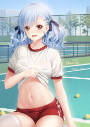 Rule 34 | 1girl, ball, blush, braid, buruma, clothes lift, commentary request, dated, day, girls&#039; frontline, gym shirt, gym uniform, hair ribbon, haneru, heart, heart-shaped pupils, long hair, looking at viewer, navel, open mouth, outdoors, red buruma, red eyes, ribbon, shirt, shirt lift, short sleeves, signature, silver hair, sitting, smile, solo, spas-12 (girls&#039; frontline), sweat, symbol-shaped pupils, tennis ball, tennis court, twintails, wet, wet clothes, wet shirt, white shirt