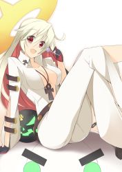 Rule 34 | 1girl, :d, ahoge, ankh, arc system works, arm support, ass, ball and chain restraint, belt, blonde hair, blush, bodysuit, breasts, candy, cleavage, spiked halo, food, gloves, guilty gear, guilty gear xrd, guilty gear xrd: revelator, halo, jack-o&#039; valentine, lollipop, long hair, looking at viewer, multicolored hair, open clothes, open mouth, pantylines, platinum blonde hair, red eyes, red hair, sasakura, sitting, smile, solo, two-tone hair, very long hair, white hair