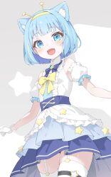 Rule 34 | 1girl, :d, animal ear fluff, animal ears, blue eyes, blue hair, brooch, cowboy shot, detached sleeves, dress, fangs, garter straps, gloves, hairband, highres, jelly hoshiumi, jewelry, nokita (pinmisil), open mouth, phase connect, short hair, short sleeves, smile, solo, thighhighs, white dress, white gloves, white thighhighs