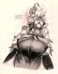 Rule 34 | 1girl, absurdres, armor, armored dress, artist request, ass, blush, dress, embarrassed, flying sweatdrops, from behind, genshin impact, greyscale, highres, huge ass, looking at viewer, looking back, monochrome, noelle (genshin impact), short hair, solo
