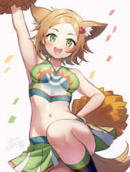 Rule 34 | 1girl, :d, animal ear fluff, animal ears, arm up, bare arms, bare shoulders, black socks, blush, breasts, brown hair, cheering, cheerleader, collarbone, commentary, confetti, cowboy shot, crop top, fox ears, fox girl, fox tail, green eyes, green shirt, green skirt, hair ornament, hand on own hip, head tilt, holding, holding pom poms, impossible clothes, impossible shirt, kneehighs, kogitsunemaru (tenka hyakken), leaf hair ornament, leg up, looking at viewer, midriff, navel, okanoyuno, open mouth, parted bangs, pleated skirt, pom pom (cheerleading), pom poms, round teeth, shirt, short hair, signature, simple background, skirt, sleeveless, sleeveless shirt, small breasts, smile, socks, solo, stomach, tail, teeth, tenka hyakken, white background