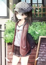 Rule 34 | 10s, 1girl, :t, absurdres, adapted costume, alternate costume, animal print, backpack, bag, brown eyes, brown hair, cabbie hat, chalkboard, collarbone, contemporary, cowboy shot, flat chest, from side, hands in pockets, hat, highres, kantai collection, long sleeves, looking at viewer, menu board, mouth hold, outdoors, rabbit print, reio reio, ryuujou (kancolle), short hair, skirt, solo, twintails