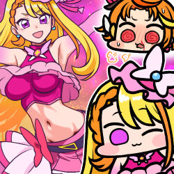 Rule 34 | 2girls, :3, @ @, armpits, blonde hair, blood, blush, blush stickers, breasts, chibi, commentary, crop top, cure butterfly, cure wing, groin, hijiri ageha, hirogaru sky! precure, impossible clothes, impossible shirt, jazz jack, lowres, medium breasts, midriff, miniskirt, multicolored hair, multiple girls, navel, nosebleed, one eye closed, orange hair, outstretched arms, pink skirt, precure, purple eyes, red eyes, shirt, skirt, sleeveless, sleeveless shirt, streaked hair, two-tone hair, wavy mouth