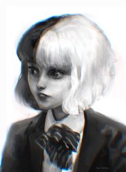 Rule 34 | 1girl, absurdres, aged down, artist name, bob cut, bow, bowtie, chromatic aberration, collared shirt, cruella (film), cruella de vil, dated, female focus, godzillapigeon1, greyscale, highres, jacket, looking to the side, monochrome, multicolored hair, open clothes, open jacket, parted lips, realistic, school uniform, shirt, short hair, sidelocks, signature, simple background, sketch, solo, split-color hair, spot color, striped, striped bow, teeth, two-tone hair, upper body, white background, white shirt