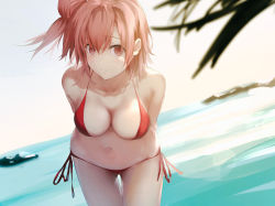 Rule 34 | 1girl, absurdres, aotsuki kaoru, arms behind back, bare shoulders, bikini, blurry, blurry foreground, blush, breasts, cleavage, closed mouth, collarbone, commentary request, cowboy shot, day, depth of field, dutch angle, gluteal fold, halterneck, highres, leaning forward, looking at viewer, md5 mismatch, medium breasts, navel, ocean, one side up, outdoors, red bikini, red eyes, red hair, red ribbon, resolution mismatch, ribbon, short hair, side-tie bikini bottom, smile, solo, source smaller, stomach, sunlight, swimsuit, thigh gap, yahari ore no seishun lovecome wa machigatteiru., yuigahama yui