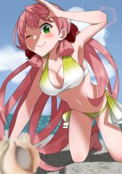 Rule 34 | 1girl, akashi (kancolle), all fours, arm up, beach, bikini, blue sky, blunt tresses, blurry, breasts, cleavage, cloud, commentary request, conch, day, depth of field, gradient bikini, green eyes, hair ribbon, hamukiyo, highres, horizon, kantai collection, large breasts, long hair, ocean, official alternate costume, one eye closed, outdoors, pink hair, ribbon, shading eyes, side-tie bikini bottom, sky, solo, swimsuit, tress ribbon