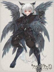Rule 34 | 1girl, 2022, animal legs, april fools, belt, black belt, black bow, black capelet, black footwear, black jacket, black pants, black wings, boots, bow, capelet, flat chest, frown, grey hair, hand on own hip, highres, horns, jacket, looking at viewer, original, pants, pointy ears, red eyes, shimizu miu, solo, thigh belt, thigh strap, twintails, v-shaped eyebrows, wings