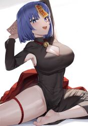 Rule 34 | 1girl, absurdres, arm up, barefoot, black dress, blue eyes, blue hair, blush, breasts, cleavage, cleavage cutout, clothing cutout, collared dress, covered navel, cross-body stretch, dress, feet, goback, highres, jiangshi, large breasts, looking at viewer, mole, mole under eye, open mouth, original, sitting, smile, soles, solo, stretching, teeth, thigh strap, thighs, toes, upper teeth only