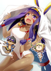 Rule 34 | 1boy, 2girls, :3, :d, ahoge, artoria pendragon (all), artoria pendragon (fate), artoria pendragon (swimsuit archer) (fate), artoria pendragon (swimsuit archer) (first ascension) (fate), bed sheet, bikini, black hair, blonde hair, blush, blush stickers, braid, breasts, chibi, competition swimsuit, criss-cross halter, dark-skinned female, dark skin, earrings, eretto, eyewear on head, facepaint, fate/grand order, fate/prototype, fate/prototype: fragments of blue and silver, fate (series), french braid, grin, hair between eyes, hair bun, hairband, halterneck, hoop earrings, jewelry, long hair, low-tied long hair, medium breasts, medjed (fate), multiple girls, nitocris (fate), nitocris (fate/grand order), nitocris (swimsuit assassin) (fate), nitocris (swimsuit assassin) (second ascension) (fate), one-piece swimsuit, open clothes, open mouth, open shirt, ozymandias (fate), pendant, purple eyes, purple hair, pyramid (structure), saber (fate), shirt, sidelocks, single hair bun, smile, sunglasses, surfboard, surfing, swimsuit, tears, teeth, thighs, water gun, white bikini, white one-piece swimsuit, yellow eyes
