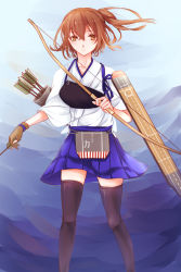 Rule 34 | 10s, 1girl, black thighhighs, bow (weapon), brown eyes, brown hair, expressionless, flight deck, gloves, kaga (kancolle), kantai collection, looking at viewer, muneate, partially fingerless gloves, partly fingerless gloves, single glove, skirt, solo, tasuki, thighhighs, virno, weapon, yugake