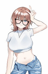 Rule 34 | 1girl, black-framed eyewear, blue eyes, blue pants, blush, breasts, brown hair, closed mouth, commentary, commission, cropped shirt, highres, jewelry, large breasts, looking at viewer, medium hair, midriff, navel, necklace, one eye closed, original, pants, sambel kacang1, see-through, see-through shirt, semi-rimless eyewear, shirt, short sleeves, sidelocks, smile, solo, upper body, v over head, white background, white shirt