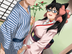 Rule 34 | 1girl, animal ears, black-framed eyewear, black hair, blue eyes, blush, breasts, censored, choker, clownculture, cosplay, erection, from above, glasses, hair ribbon, handjob, highres, holding, indoors, japanese clothes, kimono, large breasts, long hair, looking at another, mosaic censoring, obi, open mouth, original, otome youkai zakuro, penis, plant, ribbon, sash, smile, solo focus, standing, twintails, zakuro (otome youkai zakuro), zakuro (otome youkai zakuro) (cosplay)