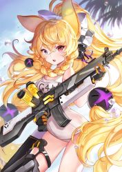 Rule 34 | 1girl, animal ears, arched back, black thighhighs, blonde hair, blue eyes, blurry, bow, braid, character name, checkered bow, checkered clothes, cowboy shot, day, depth of field, finger on trigger, from side, g41 (beach punk 2064) (girls&#039; frontline), g41 (girls&#039; frontline), girls&#039; frontline, gloves, gun, hair between eyes, hair ornament, hair ribbon, heterochromia, highres, long hair, looking at viewer, low-tied long hair, neon trim, official alternate costume, one-piece swimsuit, open mouth, outdoors, ponytail, red eyes, ribbon, school swimsuit, sibyl, side braid, single braid, solo, standing, surprised, swimsuit, thighhighs, thighs, very long hair, water drop, weapon, white one-piece swimsuit, white school swimsuit, wide-eyed