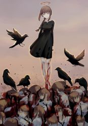 Rule 34 | absurdres, barefoot, bird, black dress, black necktie, blood, blood on clothes, blood on feet, breasts, brown hair, chainsaw man, corpse, crow, dress, halo, highres, large breasts, lolitamomoya, makima (chainsaw man), necktie, orange eyes, pile of corpses, smile