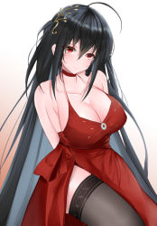 Rule 34 | 1girl, ahoge, arms behind back, azur lane, bare shoulders, black hair, black thighhighs, blush, breasts, choker, cleavage, closed mouth, collarbone, dress, hair between eyes, hair ornament, halter dress, halterneck, highres, large breasts, ljpwow, long hair, looking at viewer, official alternate costume, red choker, red dress, red eyes, side slit, smile, solo, taihou (azur lane), taihou (forbidden feast) (azur lane), thighhighs, very long hair