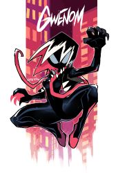 Rule 34 | 1girl, absurdres, black bodysuit, black jacket, blonde hair, bodysuit, character name, city, cityscape, claws, cropped jacket, fingernails, gwen stacy, highres, jacket, long tongue, looking at viewer, marvel, mask, midair, new york, official alternate costume, pink footwear, projected inset, rariatto (ganguri), sharp fingernails, signature, spider-gwen, spider-man (series), spiked hair, squatting, symbiote, tongue, twitter username, venom (marvel), very long tongue