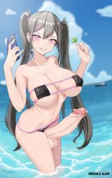 Rule 34 | 1girl, bikini, blurry, blurry background, borrowed character, breasts, candy, cellphone, collarbone, covered erect nipples, erection, eyepatch bikini, food, futanari, grin, hair between eyes, hair ornament, hairclip, highres, holding, holding candy, holding food, holding lollipop, holding phone, huge penis, large breasts, large penis, lollipop, long hair, looking at viewer, merulu ilum, original, outdoors, penis, phone, pink eyes, precum, smartphone, smile, solo, swimsuit, testicles, twintails, uncensored, very long hair, wading, wet, yuuki nanase