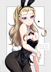 Rule 34 | 1girl, :o, animal ear hairband, animal ears, assam (girls und panzer), birthday, black leotard, black pantyhose, black ribbon, blonde hair, breasts, character name, commentary, covered navel, cowboy shot, dated, detached collar, english text, fake animal ears, fake tail, girls und panzer, hair pulled back, hair ribbon, half-closed eyes, hand on own ass, happy birthday, heart, highres, ichijou takakiyo, leaning forward, leotard, long hair, looking at viewer, neck ribbon, pantyhose, parted lips, playboy bunny, purple eyes, rabbit ear hairband, rabbit ears, rabbit tail, ribbon, side-tie leotard, small breasts, solo, standing, strapless, strapless leotard, tail