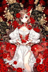 Rule 34 | 1girl, apple, bare legs, blush, braid, breasts, brown hair, bug, butterfly, cleavage, cleavage cutout, clock, clothing cutout, corset, crown, dress, flower, food, fruit, hair flower, hair ornament, highres, insect, long hair, looking at viewer, nardack, original, red eyes, rose, side braid, smile, solo, twin braids, wavy hair, white dress