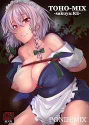 Rule 34 | apron, bdsm, blue dress, bondage, bound, braid, breasts, breasts out, clenched teeth, cover, cover page, dress, hair between eyes, hair ribbon, highres, izayoi sakuya, large areolae, large breasts, lips, looking at viewer, maid, maid apron, nipples, pondeomaru, red eyes, ribbon, rope, short dress, short hair, silver hair, skindentation, solo, teeth, touhou, tress ribbon, twin braids, waist apron