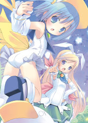 Rule 34 | 2girls, ah-kun, arm up, armpits, ass, bird, blonde hair, blue eyes, blue hair, boots, detached sleeves, duck, frilled one-piece swimsuit, frills, green skirt, hand on own hip, leg up, long hair, magical girl, moetan, multiple girls, nijihara ink, one-piece swimsuit, open mouth, pastel ink, pointing, pop (electromagneticwave), ribbon, school swimsuit, shiratori arisu, shirt, short hair, skirt, socks, standing, standing on one leg, swimsuit, thighs, two side up, visor cap, white footwear, white one-piece swimsuit, white shirt, white sleeves, white socks