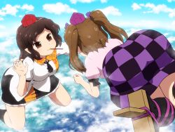 Rule 34 | 2girls, :3, above clouds, ass, bent over, black hair, black skirt, black socks, blue sky, breasts, brown eyes, brown footwear, brown hair, checkered clothes, checkered skirt, cloud, commentary, day, feet out of frame, flying, food, geta, hair ribbon, hand up, hat, himekaidou hatate, kneehighs, leaf print, leg ribbon, legs apart, long hair, looking at another, maple leaf print, medium breasts, miniskirt, mouth hold, multiple girls, outdoors, petticoat, pink shirt, pocky, pocky day, pointy ears, puffy short sleeves, puffy sleeves, purple ribbon, purple skirt, revision, ribbon, shameimaru aya, shirosato, shirt, short hair, short sleeves, skirt, sky, smile, socks, sweatdrop, tengu-geta, thighs, tokin hat, touhou, twintails, v-shaped eyebrows, white shirt