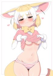 Rule 34 | 1girl, :3, animal ear fluff, animal ears, black hair, blonde hair, blush, border, bow, bowtie, breasts, brown eyes, closed mouth, clothes lift, cowboy shot, elbow gloves, fennec (kemono friends), fox ears, fox girl, fox tail, fur trim, gloves, half-closed eyes, heart, highres, kemono friends, lifted by self, looking at viewer, medium hair, multicolored hair, no bra, no pants, panties, parted bangs, pink sweater, ransusan, seductive smile, shirt, shirt lift, short-sleeved sweater, short sleeves, small breasts, smile, solo, stomach, striped clothes, striped panties, sweater, sweater lift, tail, thigh gap, underboob, underwear, undressing, white hair, yellow bow, yellow bowtie