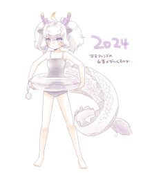 Rule 34 | 1girl, animal ears, dragon girl, dragon horns, dragon tail, extra ears, grey hair, highres, horns, kemono friends, kuromitsu (9633 kmfr), long hair, looking at viewer, purple eyes, simple background, solo, swim ring, swimsuit, tail, translation request, twintails, white dragon (kemono friends)