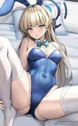 Rule 34 | 1girl, animal ears, blonde hair, blue archive, blue eyes, blue leotard, bow, bowtie, breasts, detached collar, fake animal ears, halo, highres, koyuki (kotatsu358), leotard, long hair, looking at viewer, lying, medium breasts, official alternate costume, on back, parted lips, playboy bunny, rabbit ears, solo, strapless, strapless leotard, thighhighs, thighs, toki (blue archive), toki (bunny) (blue archive), very long hair, white thighhighs