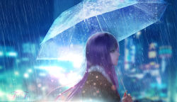 Rule 34 | 1girl, artist name, blurry, city lights, coat, commentary request, depth of field, expressionless, eyelashes, from side, fufu, fur-trimmed coat, fur trim, holding, holding umbrella, lens flare, lips, long hair, looking to the side, night, original, profile, purple hair, rain, single tear, solo, transparent umbrella, umbrella, upper body, very long hair, water drop, watermark, web address, yellow eyes