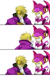 Rule 34 | 1boy, 1girl, android, arc system works, blazblue, blonde hair, blue eyes, cape, comic, gloves, ignis (blazblue), mask, relius clover, simple background, smile, translated, yuriyuri (ccc)