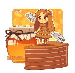 Rule 34 | 1girl, artist name, bow, brown pantyhose, cake, chibi, dav-19, dress, food, fork, hair bow, hairband, honey, honeycomb, honeycomb (pattern), honeycomb background, honeycomb pattern, honeypot, long hair, mini person, minigirl, orange eyes, orange hair, pantyhose, smile, solo, standing, striped clothes, striped hairband, striped pantyhose, transparent background, very long hair, watermark, web address, yellow eyes