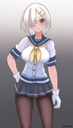Rule 34 | 1girl, black pantyhose, blue eyes, breasts, commentary request, daichi (daiti1318), gloves, gradient background, grey background, grey sailor collar, hair ornament, hair over one eye, hairclip, hamakaze (kancolle), highres, kantai collection, large breasts, looking at viewer, neckerchief, pantyhose, pleated skirt, sailor collar, school uniform, serafuku, short hair, skirt, solo, white gloves, white hair, yellow neckerchief