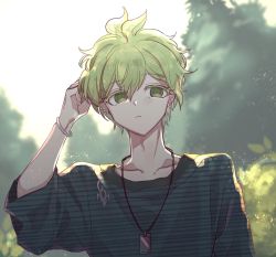 Rule 34 | 1boy, amami rantaro, antenna hair, blurry, blurry background, collarbone, commentary, danganronpa (series), danganronpa v3: killing harmony, ear piercing, green eyes, green hair, hair between eyes, hand in own hair, highres, jewelry, llypen yuri0392, looking at viewer, male focus, necklace, outdoors, piercing, shirt, short hair, short sleeves, solo, striped clothes, striped shirt, wristband