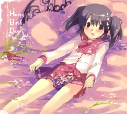 Rule 34 | 00s, 1girl, :o, black hair, grass, hair ribbon, long sleeves, looking at viewer, lowres, lying, on back, open mouth, plant, red eyes, red skirt, ribbon, rock, school uniform, shirt, short hair, skirt, solo, to heart (series), to heart 2, two side up, white shirt, yuzuhara konomi