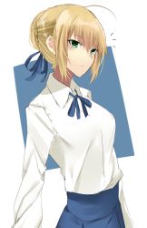 Rule 34 | ^^^, 1girl, ahoge, artoria pendragon (fate), blonde hair, blue ribbon, blue skirt, blush, closed mouth, commentary request, fate/stay night, fate (series), green eyes, hair ribbon, highres, long sleeves, looking at viewer, neck ribbon, onineko-chan, ribbon, saber (fate), shirt, short hair, skirt, solo, upper body, white shirt