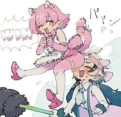Rule 34 | 2girls, animal ears, apron, bare arms, bare shoulders, paw stick, blush, bow, bowtie, cat girl, coat, commentary request, cuffs, elbow gloves, extra ears, closed eyes, ezo brown bear (kemono friends), furrowed brow, gloves, headband, high heels, highres, hip attack, holding, holding weapon, kemono friends, kemono friends 3, long hair, looking down, medium hair, multiple girls, necktie, one eye closed, open mouth, panther ears, panther girl, panther tail, panties, panties under pantyhose, pantyhose, peach panther (kemono friends), pink hair, shirt, smile, sweat, tail, torento, traditional bowtie, twintails, underwear, very long hair, weapon, yellow eyes