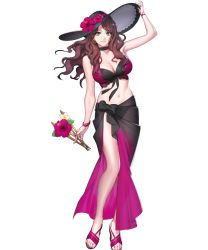 Rule 34 | 1girl, breasts, brown hair, choker, cleavage, dorothea arnault, feet, female focus, fire emblem, fire emblem: three houses, fire emblem heroes, flower, full body, green eyes, hat, highres, holding, large breasts, long hair, nail polish, navel, nintendo, official art, pink nails, sandals, sarong, solo, standing, stomach, sun hat, swimsuit, toenail polish, toenails, toes, transparent background