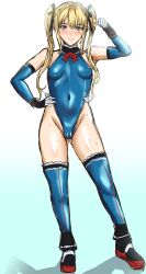 Rule 34 | 1girl, absurdres, akikusa peperon, black ribbon, blonde hair, blue eyes, blue leotard, blue thighhighs, bow, breasts, cameltoe, cleft of venus, contrapposto, covered navel, dead or alive, dead or alive 5, frilled leotard, frills, full body, hair ribbon, hand on own hip, heattech leotard, highleg, highleg leotard, highres, leotard, long hair, looking at viewer, marie rose, red bow, ribbon, simple background, small breasts, solo, thighhighs, twintails, white background