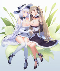 Rule 34 | 2girls, absurdres, azur lane, bare shoulders, between breasts, black dress, black footwear, blue eyes, blue gemstone, blunt bangs, blush, breasts, cleavage, collarbone, dress, elbow gloves, formidable (azur lane), frilled dress, frills, gem, gloves, grey hair, gu tao, hair ribbon, hat, head tilt, high heels, highres, illustrious (azur lane), interlocked fingers, lace-trimmed headwear, lace trim, large breasts, long hair, long sleeves, looking at viewer, multiple girls, nail polish, open mouth, parted lips, red eyes, ribbon, shiny skin, sitting, strapless, strapless dress, sun hat, teeth, thighhighs, tress ribbon, tri tails, twintails, two-tone dress, two-tone ribbon, very long hair, wet, white dress, white gloves, white hair, white headwear, white legwear