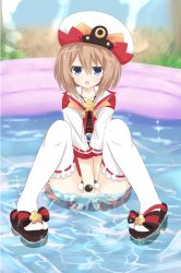 Rule 34 | 10s, 1girl, bad id, bad pixiv id, blanc (neptunia), blue eyes, blush, brown hair, hat, highres, looking at viewer, mayou, neptune (series), niwaka potato, open mouth, short hair, sitting, solo, water, wet