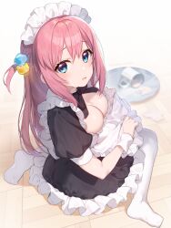 Rule 34 | 1girl, anywhere knock, apron, blue eyes, bocchi the rock!, breasts, cleavage, cube hair ornament, dress, frilled dress, frills, from above, gotoh hitori, hair between eyes, hair ornament, highres, large breasts, long hair, looking at viewer, maid, maid headdress, one side up, open mouth, pink hair, sitting, solo, spill, thighhighs, tray
