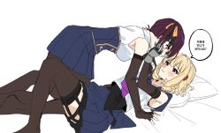 Rule 34 | 2girls, all fours, arm at side, assault lily, bare shoulders, bed sheet, black ribbon, black shirt, blonde hair, blue sailor collar, blue shirt, blue skirt, blunt bangs, blush, breasts, brown gloves, brown pantyhose, brown thighhighs, collared shirt, commentary request, covered mouth, crop top, danji bang, elbow gloves, eye contact, face-to-face, feet out of frame, fingerless gloves, from side, garter straps, gauntlets, gem, girl on top, gloves, hair ornament, hair ribbon, hand on another&#039;s cheek, hand on another&#039;s face, hand up, highres, hishida haru, imamura yukari (assault lily), knees up, korean commentary, korean text, long hair, looking at another, lying, medium breasts, miniskirt, multiple girls, neckerchief, no shoes, odaiba girls high school uniform, on back, pantyhose, parted lips, pillow, pleated skirt, purple eyes, purple hair, purple neckerchief, red gemstone, ribbon, sailor collar, school uniform, serafuku, shirt, short hair, simple background, skirt, sleeveless, sleeveless shirt, speech bubble, sweatdrop, thigh strap, thighhighs, translation request, twintails, two-tone shirt, undershirt, white background, white shirt, yellow eyes, yellow ribbon, yuri