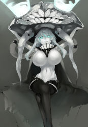Rule 34 | 10s, 1girl, absurdres, abyssal ship, aqua eyes, arms up, breasts, glowing, gradient background, highres, huge breasts, kantai collection, long hair, monster, muneneko, navel, pale skin, personification, silver hair, torn clothes, wo-class aircraft carrier