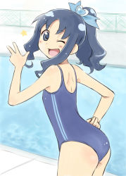 Rule 34 | 10s, 1girl, :d, ;d, alternate hairstyle, blue eyes, blue hair, hand on own hip, heartcatch precure!, hip focus, kurumi erika, looking back, matching hair/eyes, one-piece swimsuit, one eye closed, open mouth, ponytail, pool, precure, satogo, smile, solo, star (symbol), swimsuit, wink