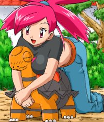 Rule 34 | 1girl, breasts, creatures (company), flannery (pokemon), game freak, gen 3 pokemon, gym leader, lowres, nintendo, pokemoa, pokemon, pokemon (creature), ponytail, red eyes, red hair, torkoal