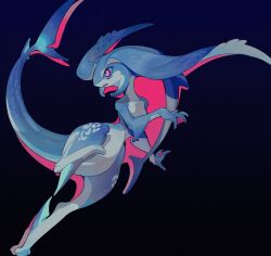 Rule 34 | animal focus, arm fins, blue background, blue sclera, blue skin, bul (moiko), collarbone, colored sclera, colored skin, creature, fewer digits, fins, fish tail, from side, full body, head fins, highres, no humans, open mouth, original, pink eyes, shark tail, simple background, slit pupils, solo, tail