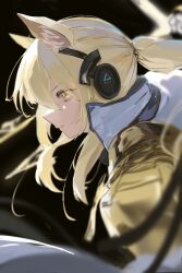 Rule 34 | 1girl, animal ear fluff, animal ears, arknights, black background, blonde hair, blurry, coat, collared coat, depth of field, epaulettes, from side, headset, highres, horse ears, horse girl, implied extra ears, long hair, nearl (arknights), nearl the radiant knight (arknights), ponytail, popped collar, profile, single epaulette, solo, upper body, uryu (uryu0329), white coat, yellow eyes